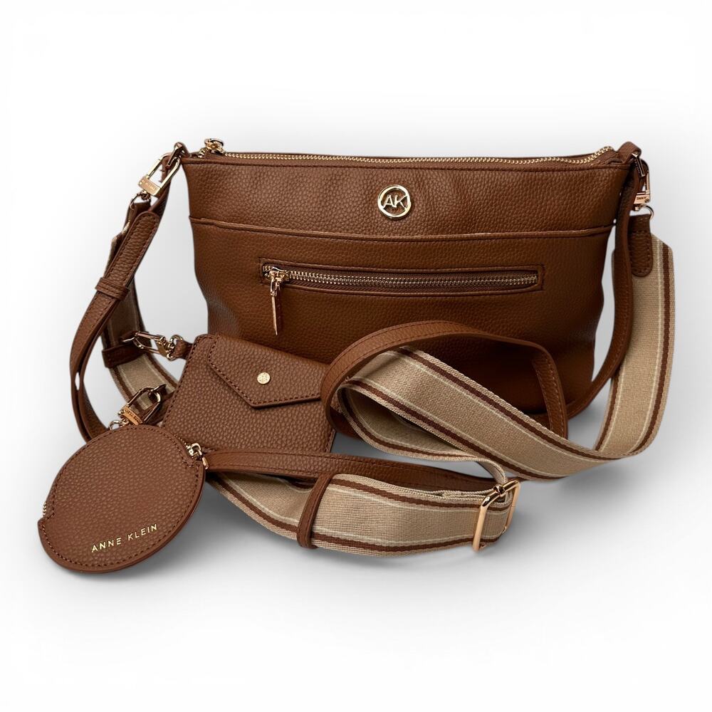 Anne Klein Crossbody Bag Purse Leather Logo Adjustable Straps Accessories Brown - Picture 3 of 9